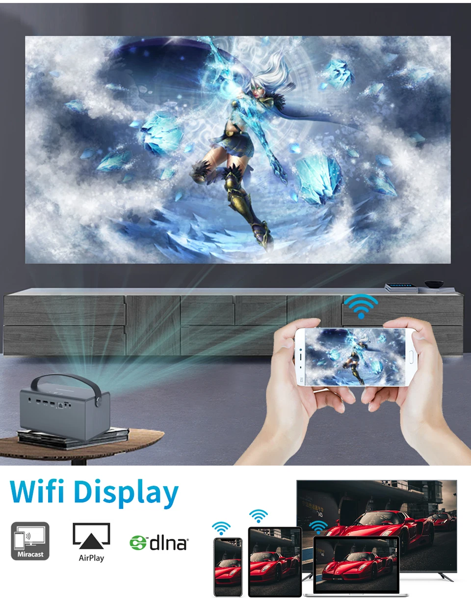 WZATCO T7 Pro 300Inch DLP 3D Projector Android WIFI Smart Proyector Bluetooth 5 Portable mini Beamer Built-in battery 15600 mAh