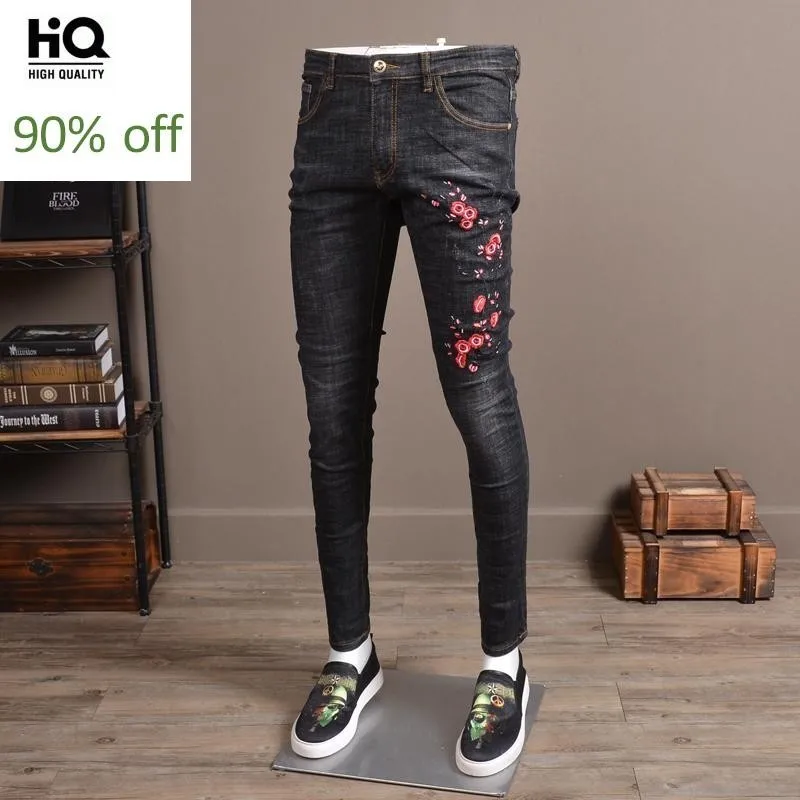 Мужская одежда весна 2020 модные джинсы с вышивкой полная длина средняя талия