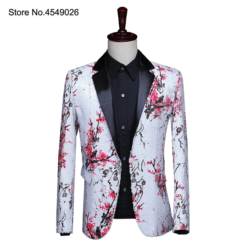 

2020 Men's Shiny Color Printing Sequins Suit Jacket Blazer Red Sliver Black Single Button Tuxedo For Party,wedding,banquet,prom