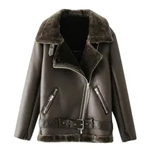 Новинка, модное кожаное пальто для женщин, Мотоциклетные Куртки из искусственной кожи, с карманами, с отложным воротником, плюшевое пальто, зимняя уличная одежда, 10,4