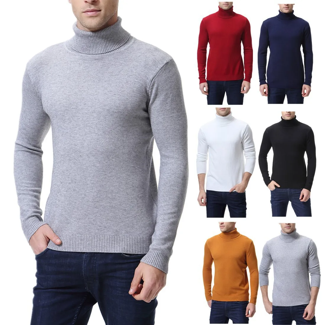 

Men's Sweater Men's Turtleneck Solid Color Casual Slim Sweater Men's Autumn and Winter New Pullover