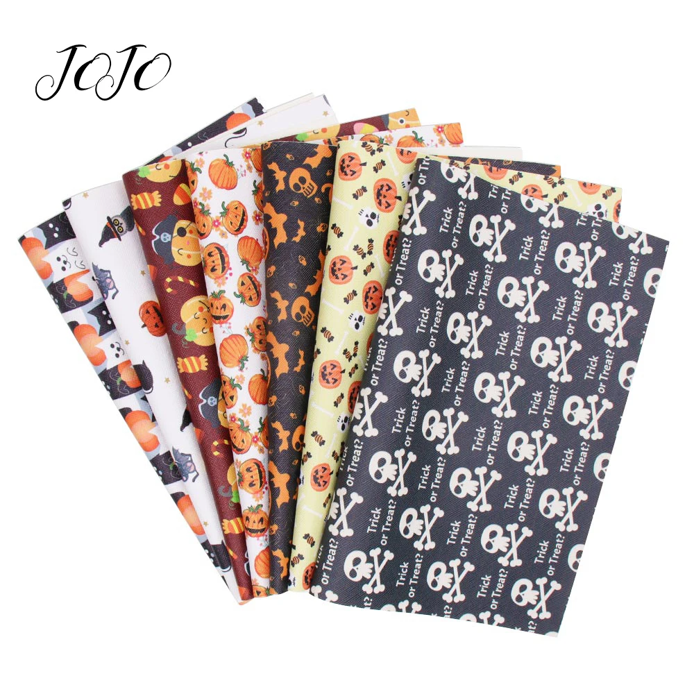 

JOJO BOWS 22*30cm 1pc Halloween Faux Synthetic Leather Fabric For DIY Craft Pumpkin Bat Printed Sheet For Needlework Party Decor