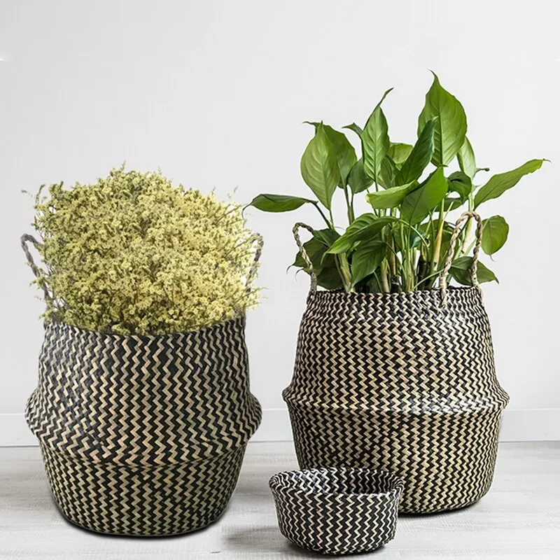 

Handle Seagrass Laundry Basket Folding Handmade Straw Flowerpot Planter Wicker Clothes Toys Storage Holder Organizer