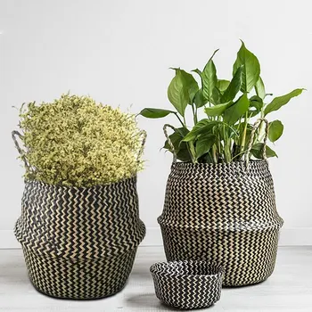 

Handle Seagrass Laundry Basket Folding Handmade Straw Flowerpot Planter Wicker Clothes Toys Storage Holder Organizer