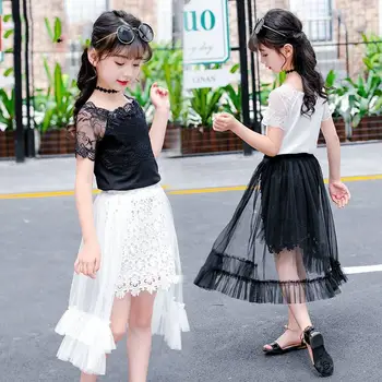 

2020 fashion summer children's cute clothes suit jacket mesh skirt teen girl lace solid suit children's casual princess suit