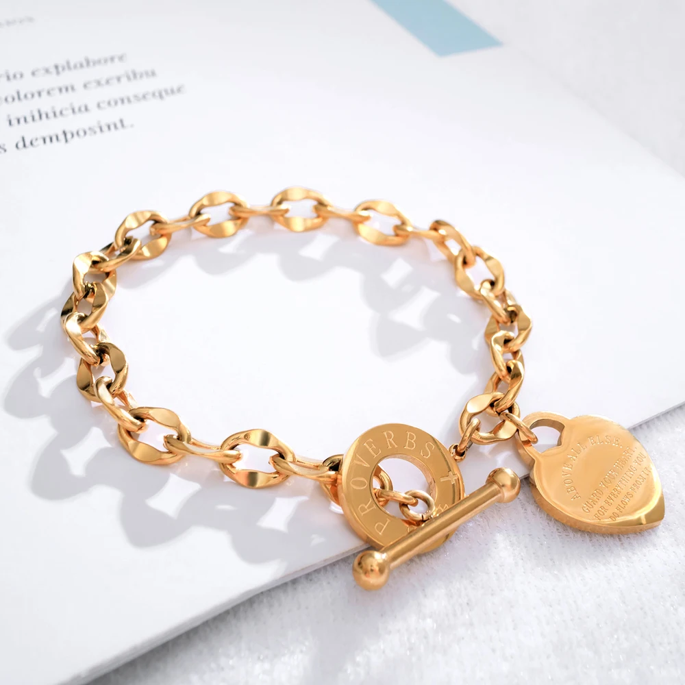Stainless Steel Love Heart Bracelets For Women Party Gift Fashion Joyas de Chain Charm Bracelets Jewelry Wholesale Text Engraved