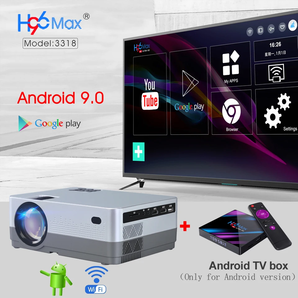 WZATCO H2 3000 люмен HD 720P светодиодный проектор Android 9,0 WiFi Full HD 1080P 4K Мультимедийный lcd Проектор для домашнего кинотеатра