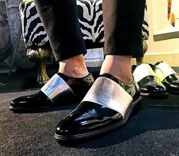 

Man Oxfords Flats leather Slip on Dress Wedding Shoes Patent leather New Designer Spring Formal Business Shoes Gold silver