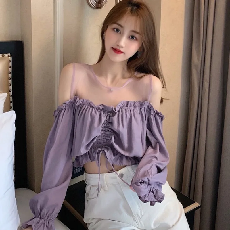 Mesh Splicing Chiffon Blouse Women Korean Fashion Long Sleeve Blouses Sexy Navel Exposed Short Shirt Tops