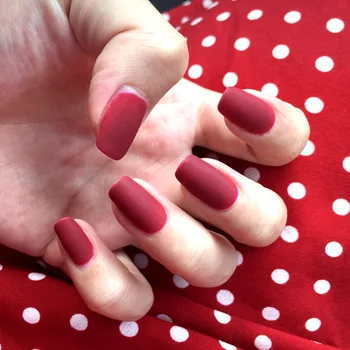

24pcs/boxed Red full cover Matte fake stick on nail with glue Sweet Solid Color Square head acrylic press on nail 2020 for girl
