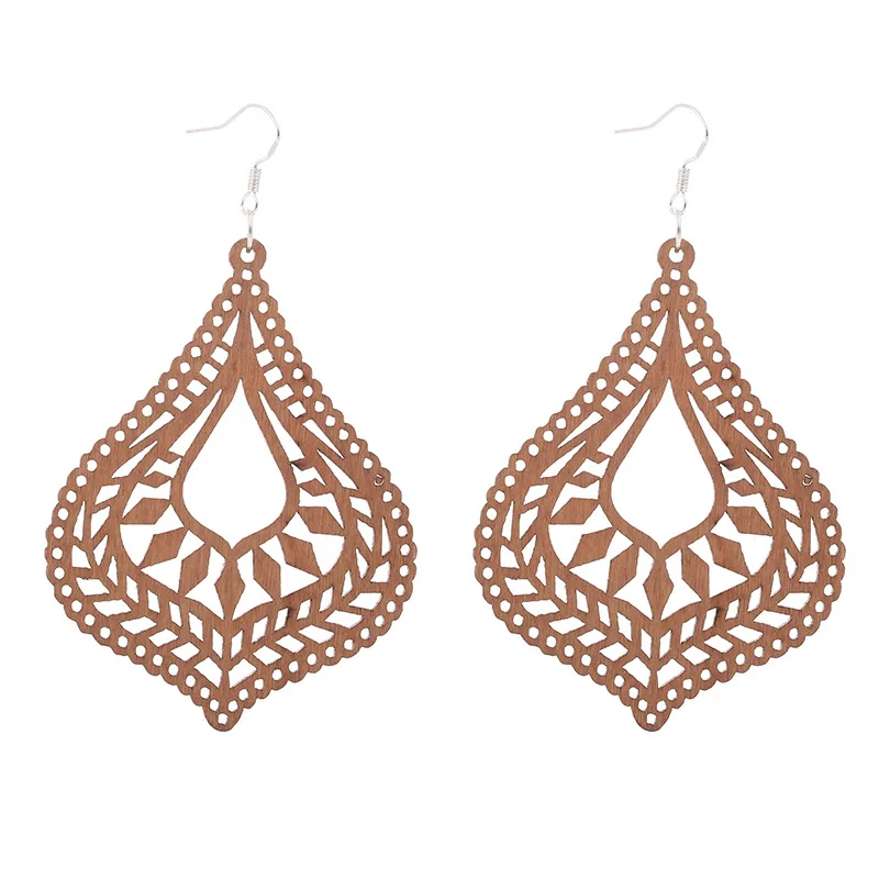 SOMESOOR Fashion Engraved African Ethnic Wooden Drop Earrings Laser Cutting Carved Natural Wood Dangle Jewelry For Women Gifts