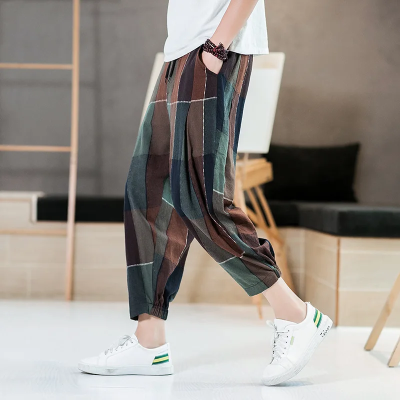 

2019 Summer New Style Men's Chinese-style Fashion Color Plaid Loose-Fit Elastic Waist Cotton Linen Casual Large Size Capri Pants