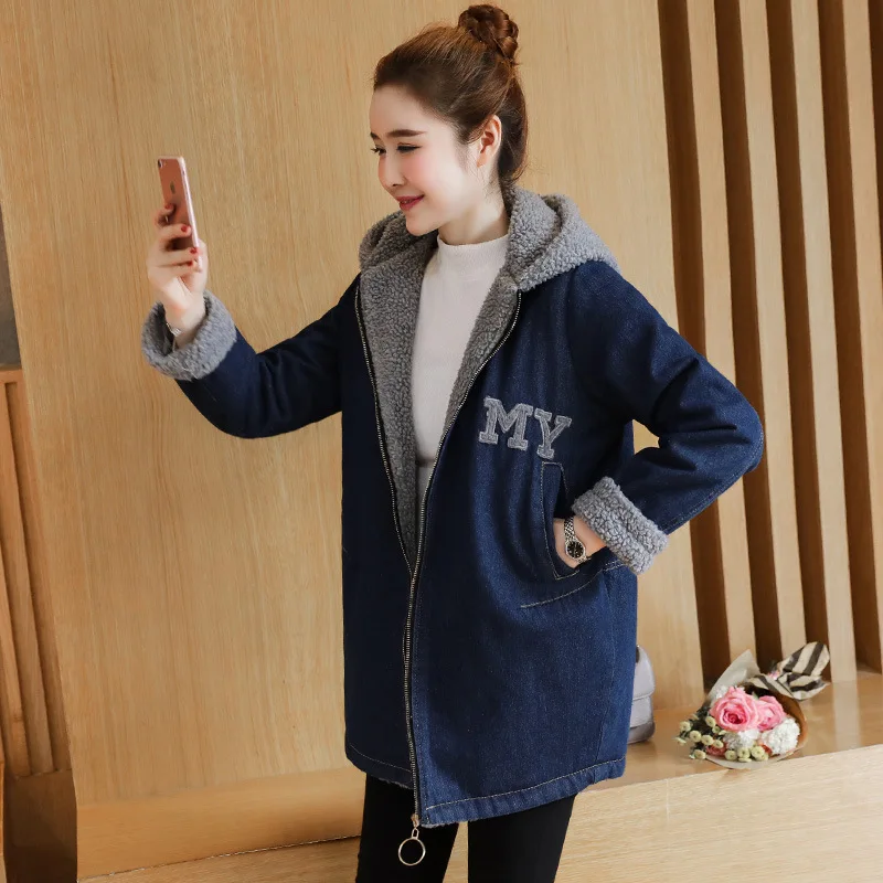 

Photo Shoot Hair Mid-length Students Cotton Coat Women's 2019 Winter Sweet Loose Thick plus Velvet Cowboy Hooded Coat Fashion