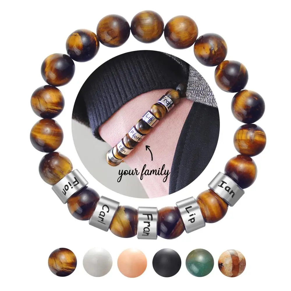 

10mm Couple Natural Stone Beads Stretch Bracelet Personalized Engraving Stone Eagle Tiger Onyx Bead Engraving Gift for Men Women