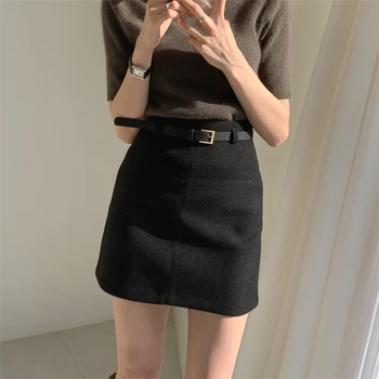 

Vintage Office Ladies Skirts Casual Mini Solid High Waist Zipper Skirts Fashion A-Line Korean Sashes Elegant Above Knee Skirts