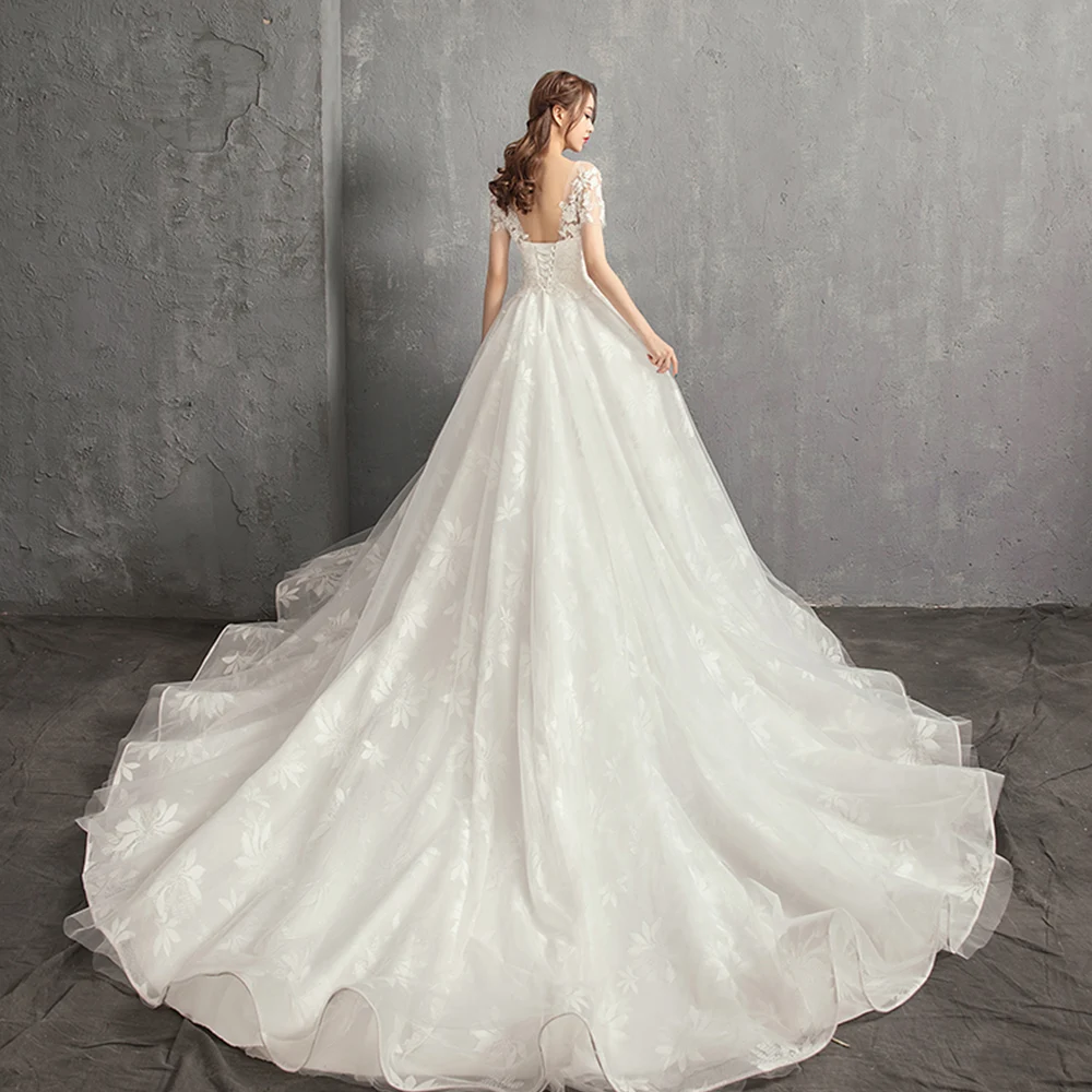 Кружевные свадебные платья Vestido De Novia Renda с круглым вырезом и короткими рукавами, Украшенные бусинами, элегантные платья товарный знак Aliexpress Bruidsjurk