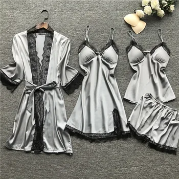 

Plus Size Satin Pajamas Sexy Lace Women Pajamas Set 4pc Set Bathrobe and Shorts and Camis Tops Sleepshirts Nightdress Sleepwear