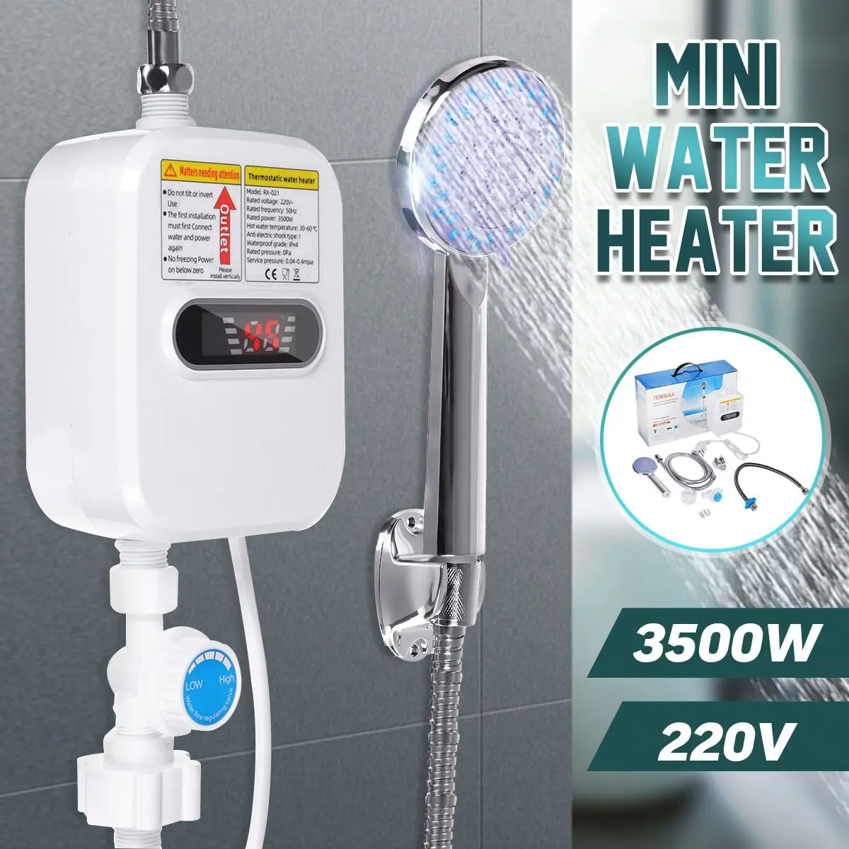 Mini calentador de agua eléctrico de 3500W, 220V, sin depósito, con cabezal de ducha, pantalla LCD de temperatura