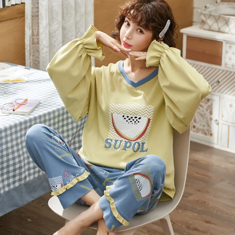 

Autumn Women's Spring And Autumn Students Pure Cotton Pajamas Two-Piece Set Long Sleeve Autumn & Winter ke yin hua Casual Youth