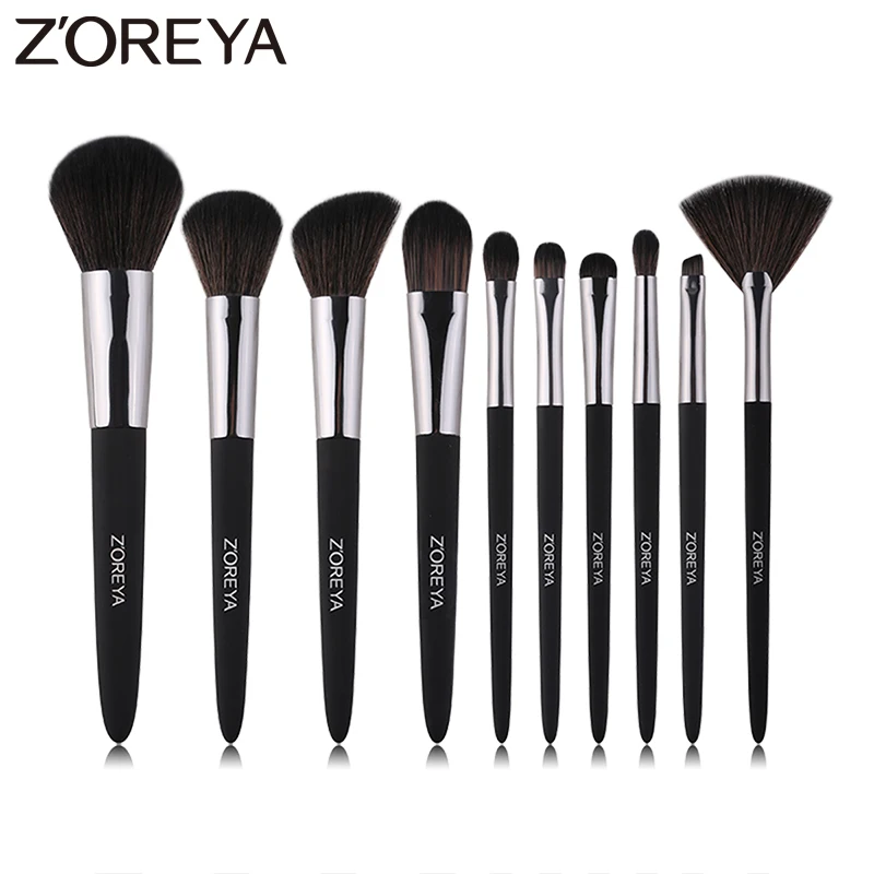 

ZOREYA 10Pcs Black Rubber Paint Handle Makeup Brushes Set Large Powder Foundation Eye Shadow Blending Eyebrow Small Fan Brush