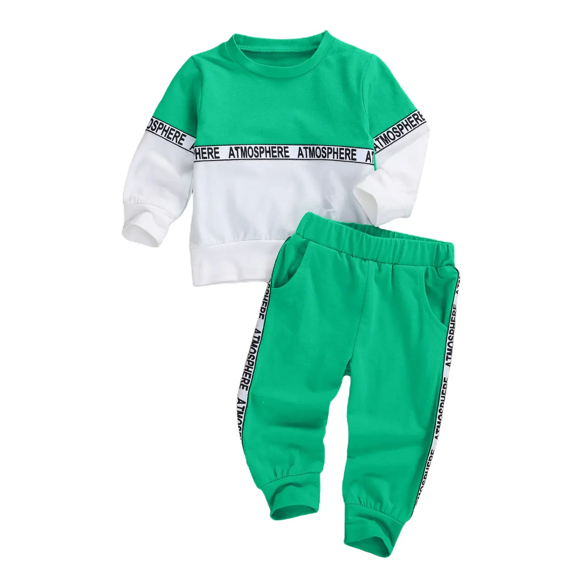 1-4Years Baby Boys Long-sleeved Suit Stitching Round Neck T-shirt and Solid Color Elastic Long Pants