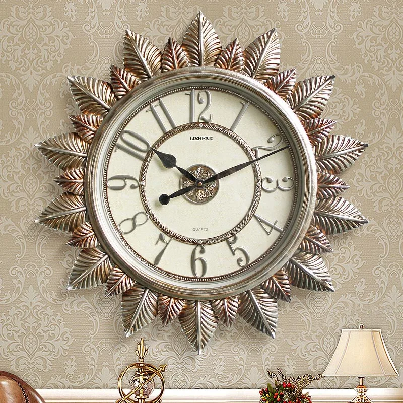 Copper Color Round Mute Large Wall Clock Retro Leaf Shape Clock Z01052-1  