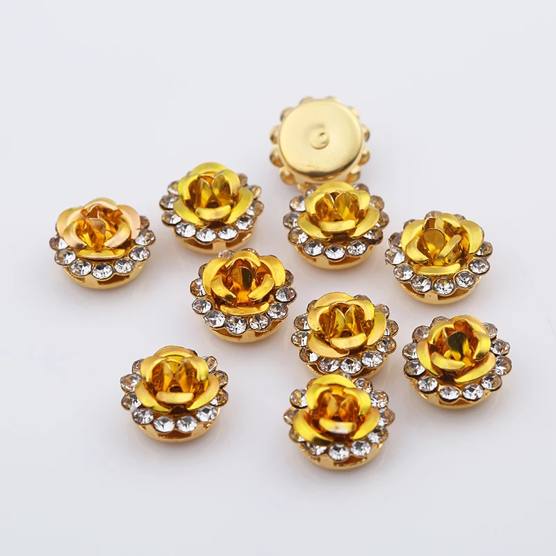 Gold RESEN, 100 шт, 10 мм, разноцветные модные круглые стразы для шитья, стеклянные хрустальные стразы в форме цветка, пришивные стразы для свадебного украшения - Цвет: Gold