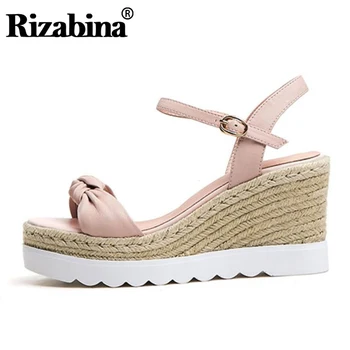 

RIZABINA Wedges Sandals Women Buckle Platform High Heels Shoes Real Leather Open Toe Party Club Summer Shoes Women Size 34-39