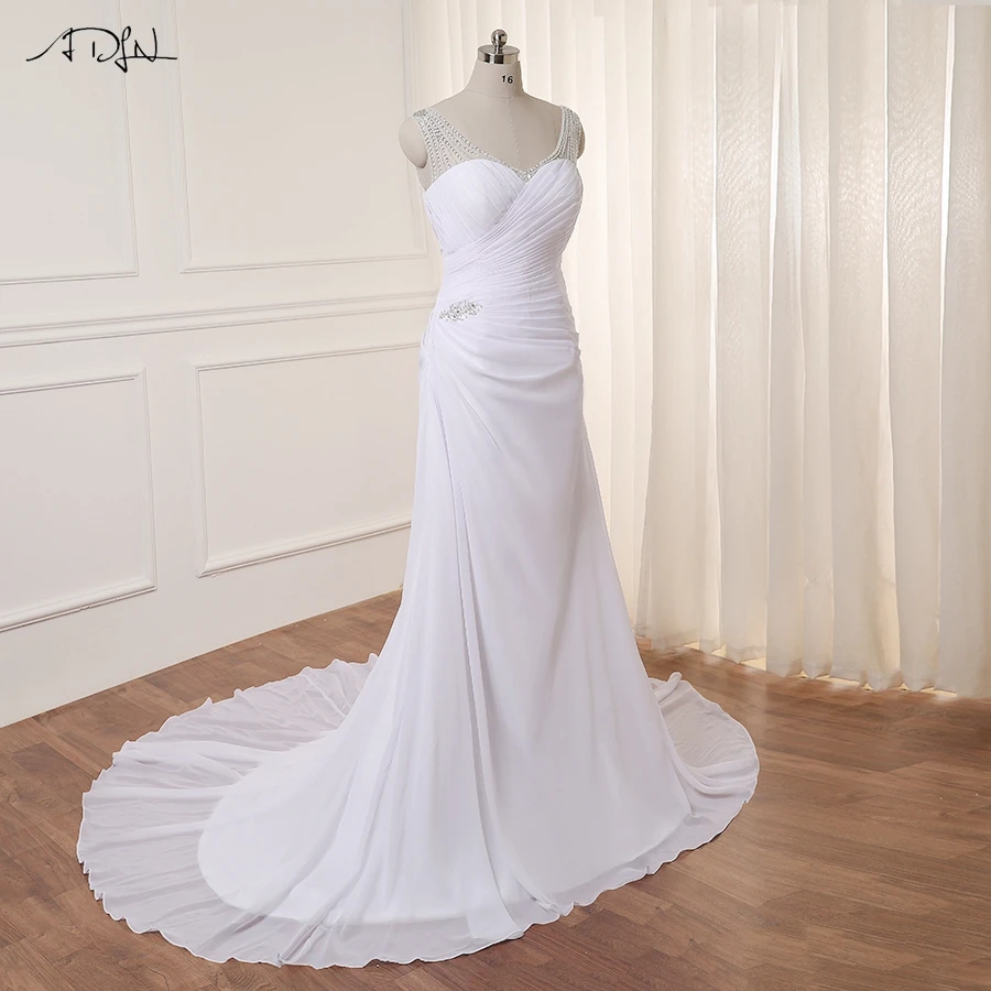 ADLN, шикарное пляжное свадебное платье, Robe De Mariage, рукав-крылышко, бисероплетение, прозрачное, v-образный вырез, шифон, богемные свадебные платья, молния на спине, с пуговицами