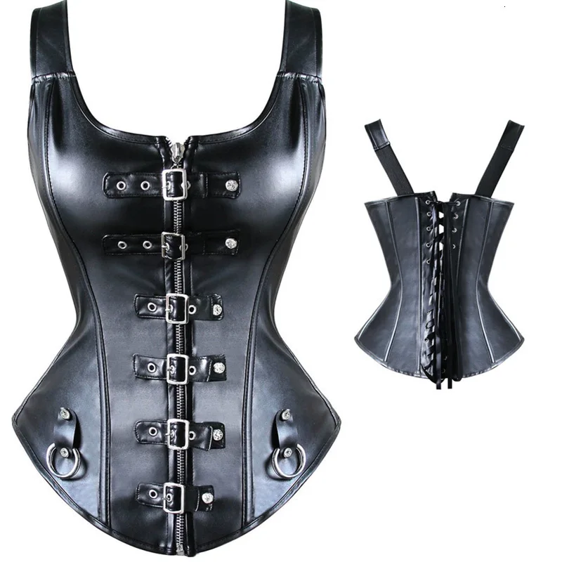 Faux Leather Corset Top Shoulder Strap Corselet Black Zipper Buckled Bustier Waist Trainer Vest Corset Overbust Women Steampunk