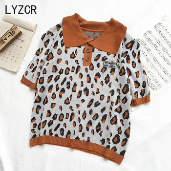 

LYZCR Leopard Print Sweater T-Shirt Women Short Top Tees Print Knitted Pink Tshirts Summer 2020 Turtleneck Sweater Shirt