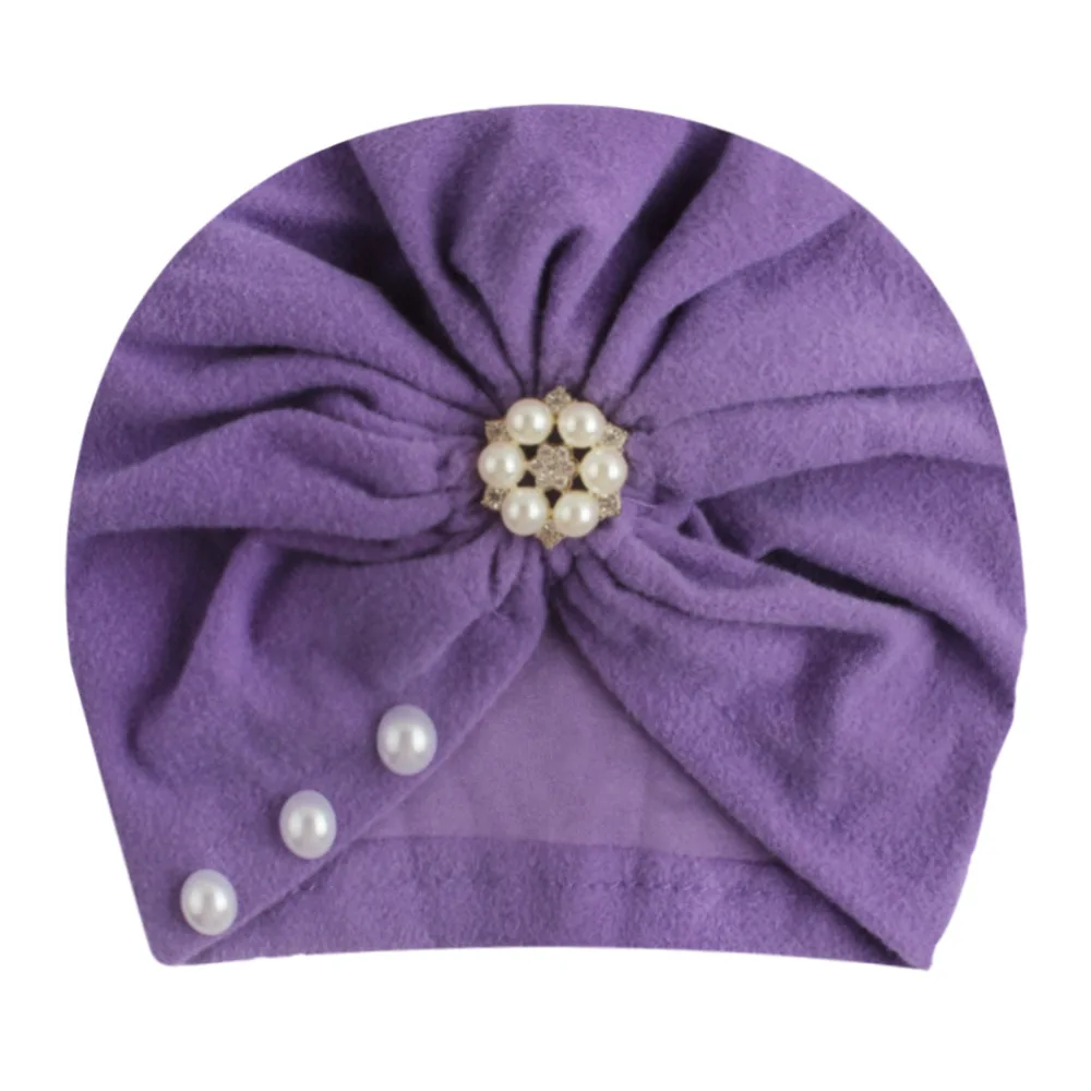 purple Новые хлопковые детские индийские шапочки с жемчужными пуговицами из сплава, вязаные шапочки для новорожденных, Детские шапочки - Цвет: purple