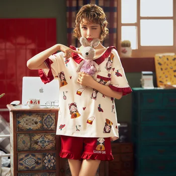 

Women Home Clothes Summer 100% Cotton Sleepwear Set Cute Cartoon Print Pajamas O-neck Mujer Thin Tops+Shorts Casual Pyjama S846