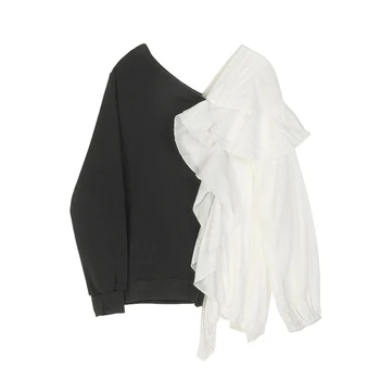 

iMucci Spelling Color Blouses Woman 2020 Spring Clothing V Lead Lotus Leaf Edge Split Joint Loose Long Sleeve Women Shirt TM1203