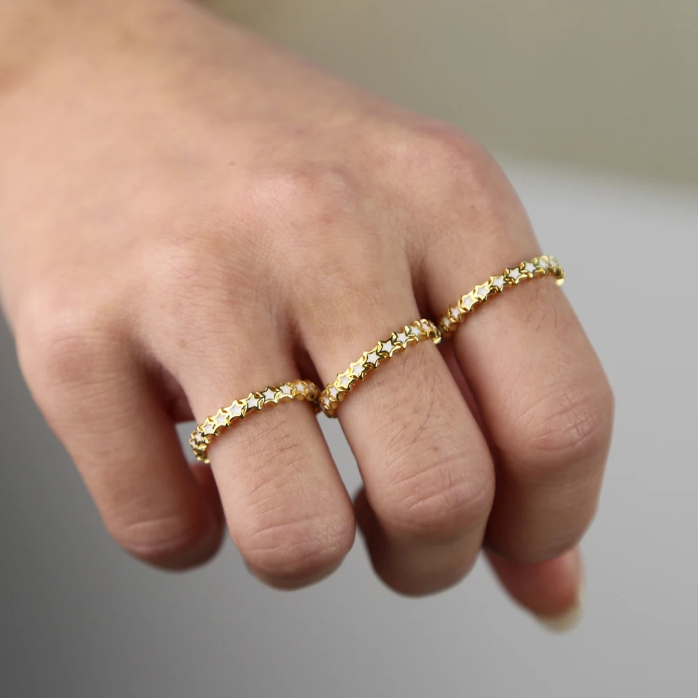 Крошечная лента белое эмалированное кольцо со звездами Модная Тонкая Золотая