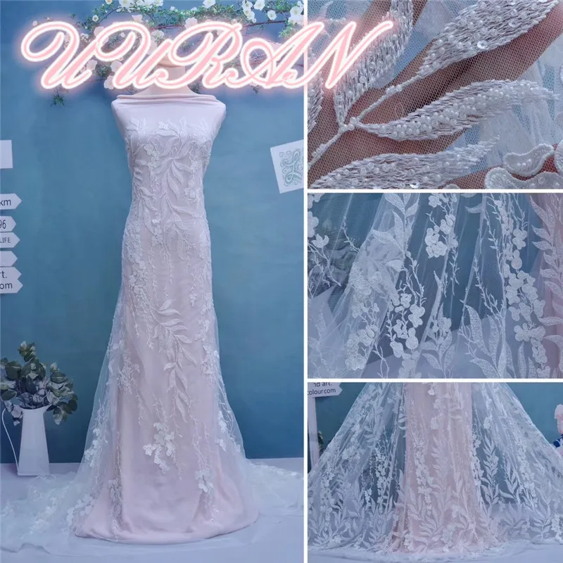 

White French Net Lace Fabric with beads hot sale embroidery mesh fabric nigerian tulle lace fabric