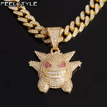 

Hip Hop Iced Out Gengar Bling Ghost Alloy Gold Color Pendant & Necklace 13 MM Cuban Chain For Men Women Jewelry