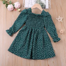 Robe à manches longues pour fille, tenue décontractée, verte, à pois, printemps automne, 2022