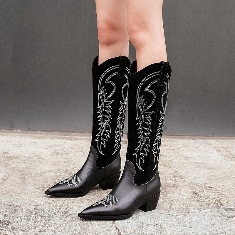 Новые женские ботинки ковбойские сапоги Вестерн для женщин с острым носком женские ковбойские ботинки сапоги до колена на квадратном каблуке Женская обувь в стиле ретро