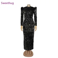 

African Dresses For Women Sequin Velvet Party Dress African Clothes Long Sleeve Stretchy Bodycon Dress Elegant Robe Partyclub