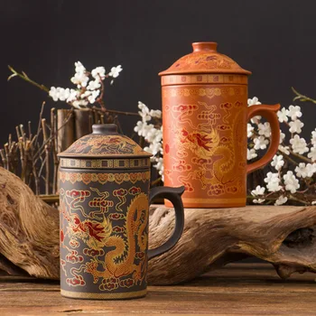 

Retro Tea Mug With Lid Infuser Traditional Chinese Dragon Phenix Purple Clay Handmade Yixing Zisha Tea Cup 300ml Teacup Gift Mug