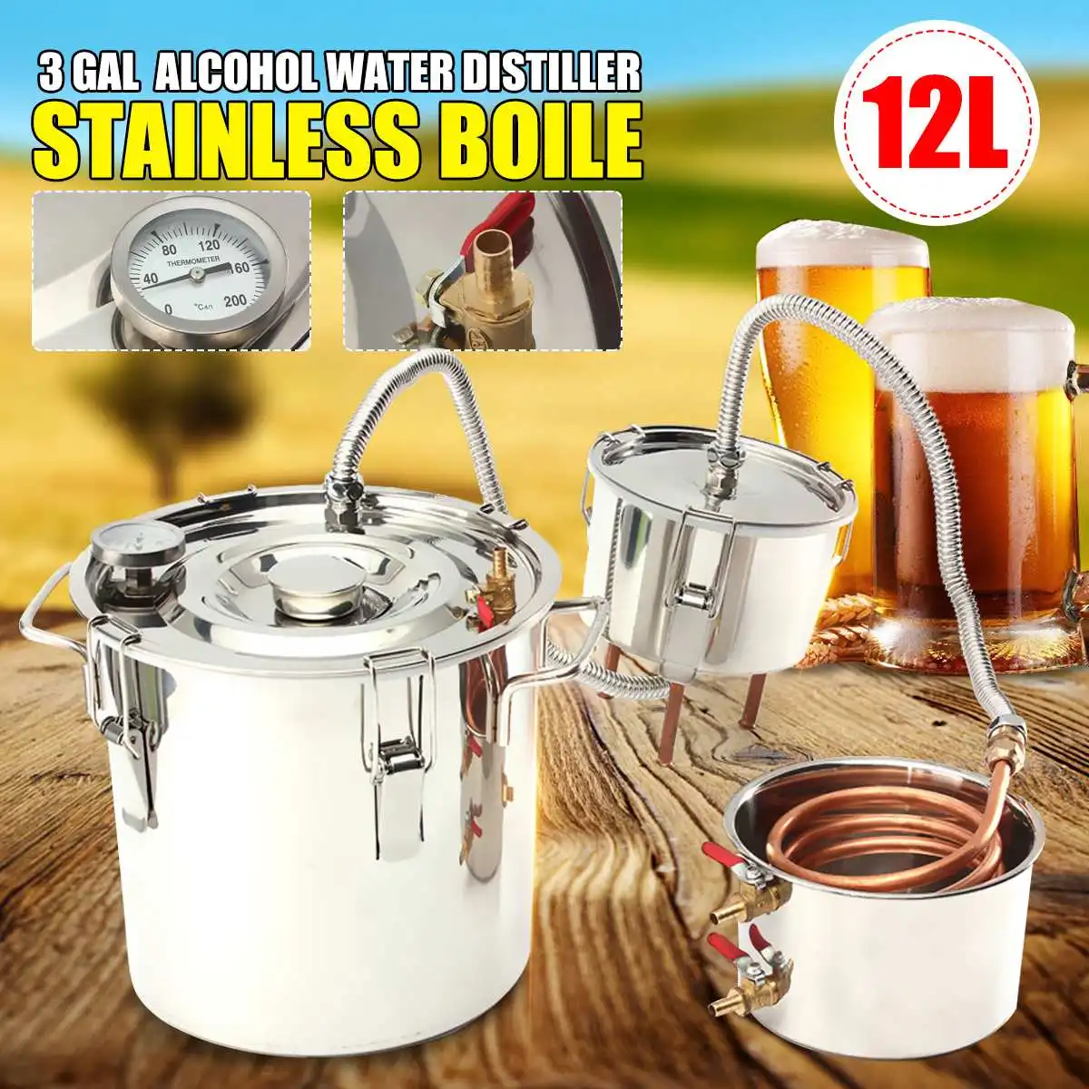 

Efficient 3 Gallon/12L Distiller Moonshine Alcohol Stainless Copper DIY Home Water Wine Essential Oil Brewing Kit