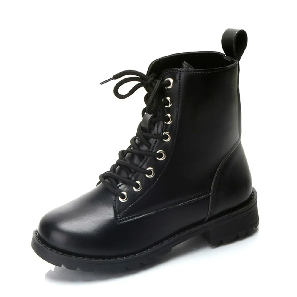 

Boots Women Fashion Solid Leather Middle Lace-Up Thick Martin Boots Round Toe Shoes Outdoor PU Leather Winter Female Shoes M1-35