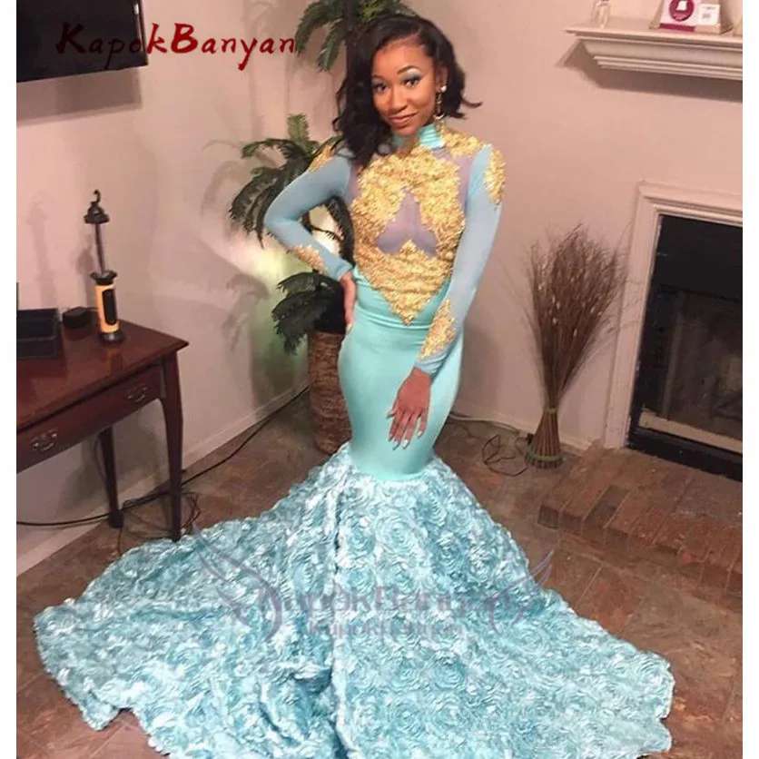 Зеленый Mint Blue Mermaid Prom Dresses Gold Lace Appliques High Neck Long Sleeves african Evening Gowns 3D Floral Formal Party Dress - Цвет: Зеленый