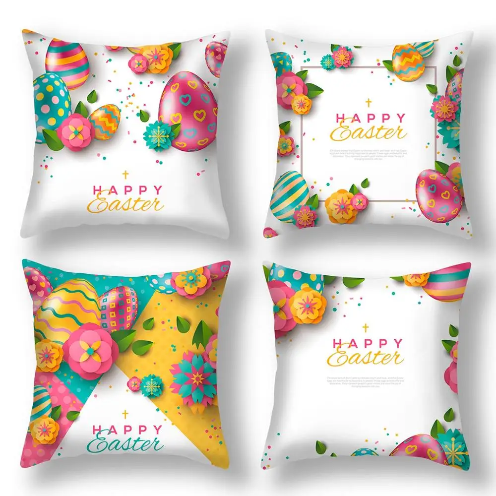 

HUIRAN Easter Cushion Cover Happy Easter Party Decorations for Home Ornamnents Bunny Easter Festive Party Supplies Eggs Rabbits