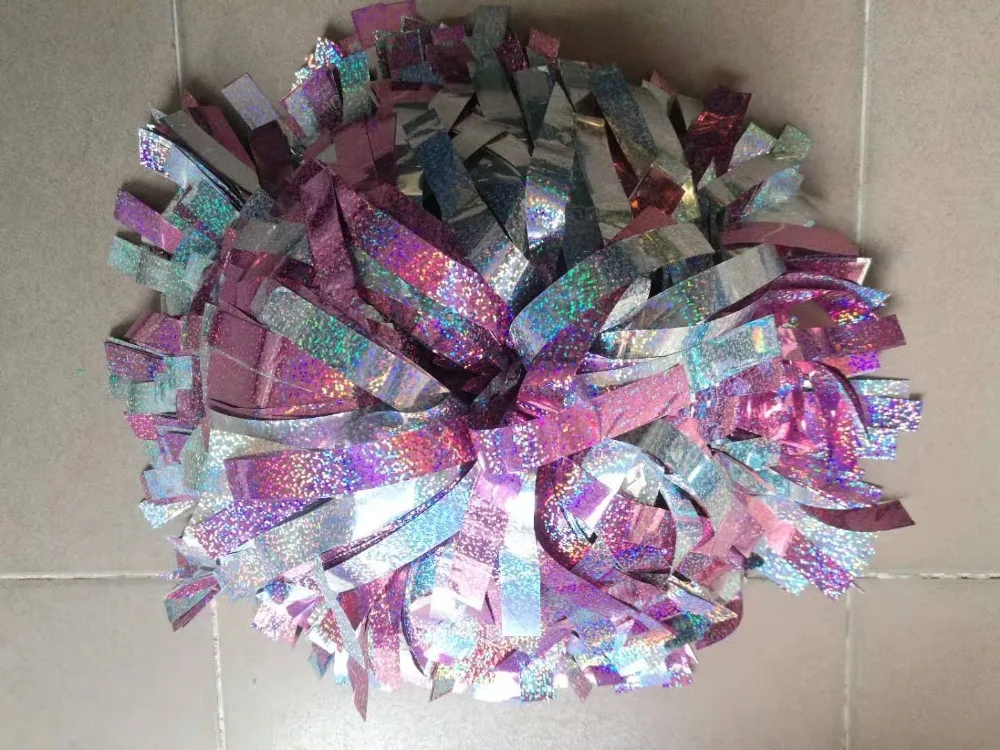 Cheerleader Pom Poms with Metallic Green Handle, 3Colors Mixed, Professional Baton, 3/4 "x 6", Metallic Gold Holographic