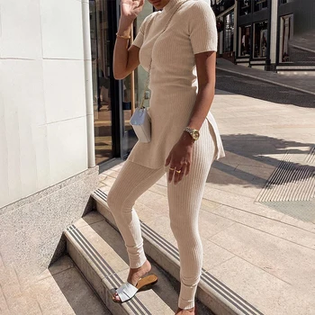 

Knitted Ribbed Women's T-shirts Set 2 Piece Set Short Sleeve T-shirt Female Suit 2020 Autumn Streetwear Ladies Long Pants Suits