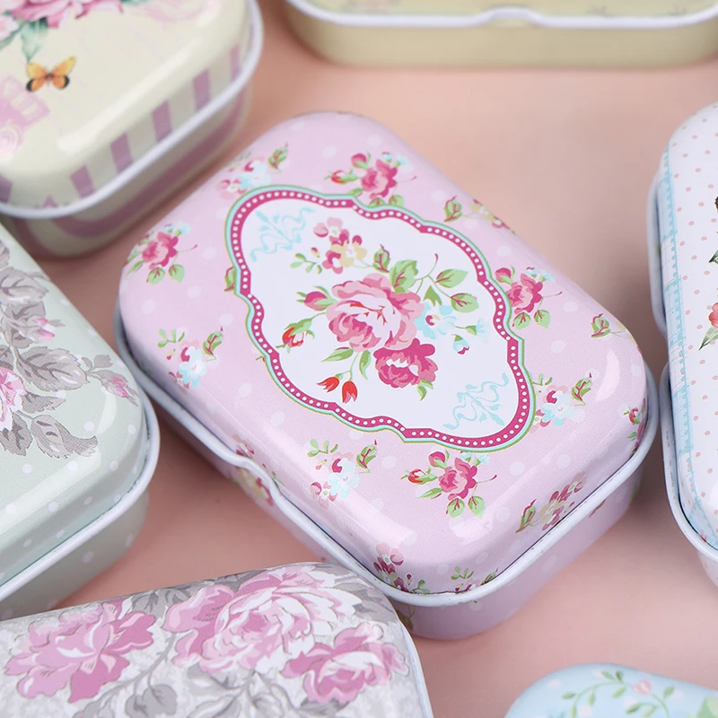 

Mini Flower Tin Trinket Jewelry Coin Box Tinplate Storage Case Small Rectangular