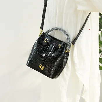 

Retro Bucket Bags Genuine Leather Women Pattern Handbag High Capacity Casual Crocodile Shoulder Messenger Bags Ladies Purse