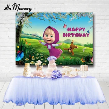 

InMemory Cartoon Masha and bear Theme Party Backgrounds Green Grass Flower Butterfly Kids Birthday Photography Backdrop Custom